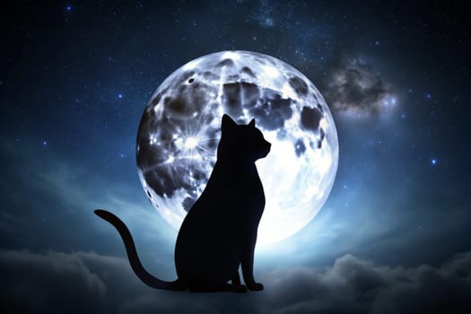 A sleek black cat sits gracefully, its silhouette stark against the luminous glow of a full moon. Wispy clouds drift lazily across the night sky, enhancing the serene atmosphere. The shimmering stars twinkle faintly, adding to the enchanting beauty of the moment.