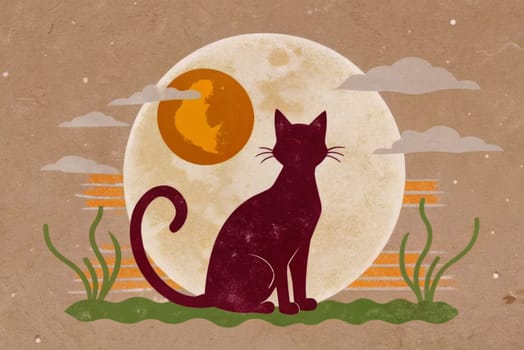 In the warm glow of an autumn twilight, a sleek black cat sits gracefully, its bright yellow eyes gleaming under the full moon's comforting light. The vibrant orange background enhances the enchanting atmosphere, creating a sense of mystery and allure.