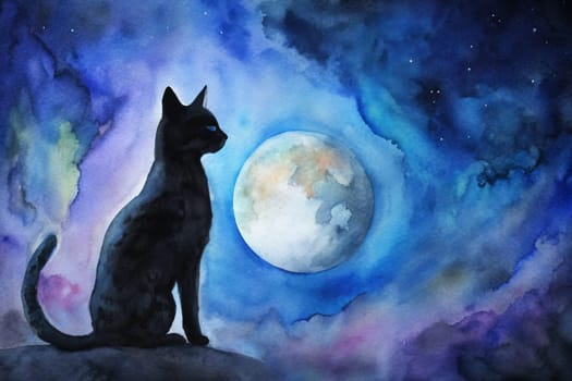 In a vibrant cosmic landscape, a sleek black cat stands gracefully, silhouetted against a large, luminous moon. The sky is awash with captivating hues of blue, purple, and subtle gold shimmers. Stars twinkle brightly, casting a magical ambiance around the feline figure, evoking a sense of mystery and wonder.