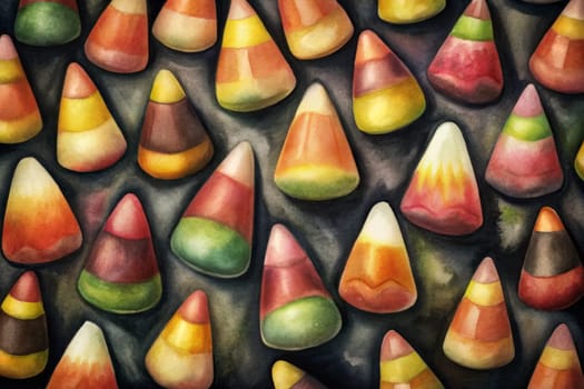 Clusters of vibrant candy corn in shades of yellow, orange, and green create a playful and festive arrangement against a shadowy backdrop, capturing the spirit of autumn celebrations. Their unique triangular shapes highlight the joyous and nostalgic essence of seasonal treats.