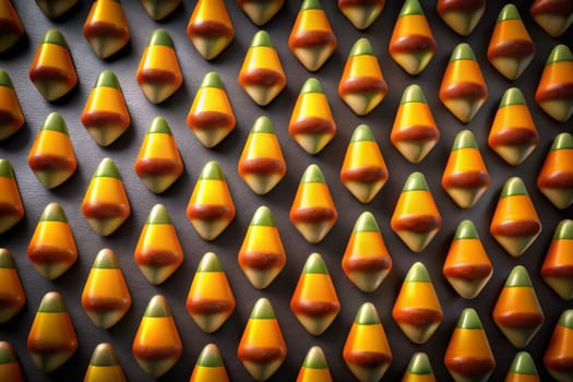 Clusters of vibrant candy corn in shades of yellow, orange, and green create a playful and festive arrangement against a shadowy backdrop, capturing the spirit of autumn celebrations. Their unique triangular shapes highlight the joyous and nostalgic essence of seasonal treats.