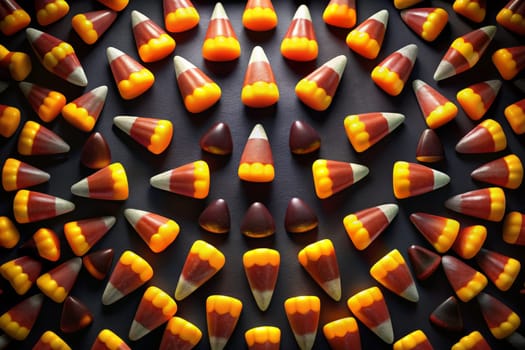 A vibrant tapestry of candy corn in hues of yellow, orange, and brown creates a festive atmosphere. This delightful arrangement captures the essence of autumn celebrations, evoking nostalgia and excitement for seasonal festivities.