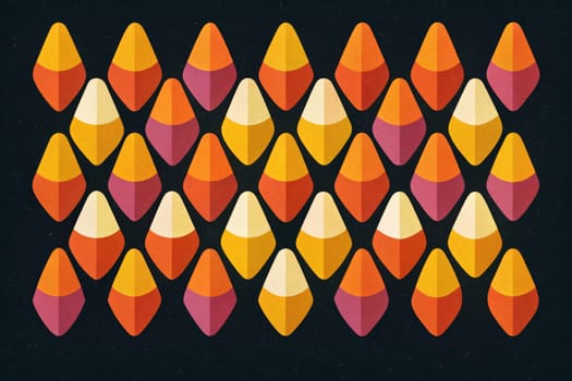 A striking display of intricately designed candy corn shapes crafted in vivid colors adorns a deep black background. The arrangement showcases a rhythmic pattern, highlighting hues of orange, yellow, and purple, evoking a festive autumn atmosphere perfect for seasonal celebrations.