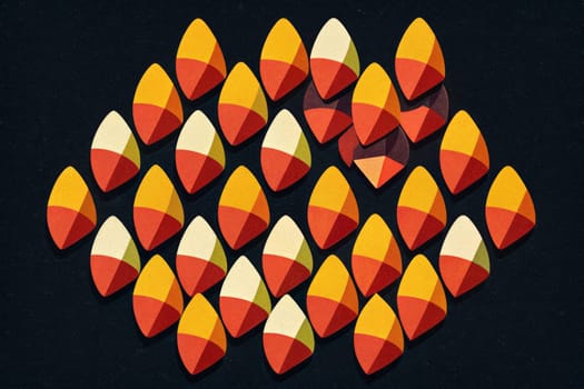 A striking display of intricately designed candy corn shapes crafted in vivid colors adorns a deep black background. The arrangement showcases a rhythmic pattern, highlighting hues of orange, yellow, and purple, evoking a festive autumn atmosphere perfect for seasonal celebrations.