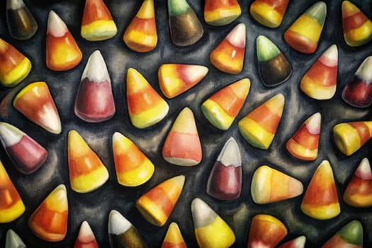 A vibrant tapestry of candy corn in hues of yellow, orange, and brown creates a festive atmosphere. This delightful arrangement captures the essence of autumn celebrations, evoking nostalgia and excitement for seasonal festivities.