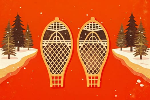 Snowshoes rest upon a vibrant backdrop of orange, surrounded by gently falling snowflakes. Pine trees frame a narrow path, suggesting a peaceful trek through a chilly winter landscape. The tranquility of nature invites adventurers to embrace the snowy adventure ahead.