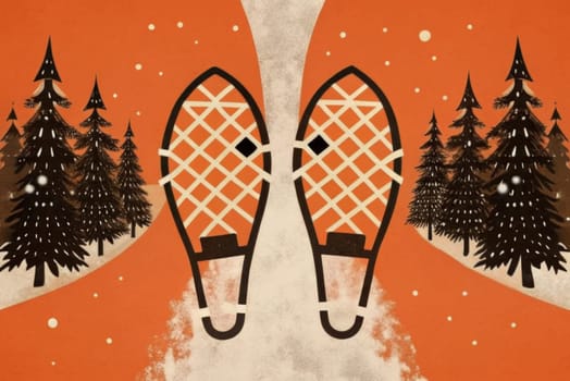 Snowshoes rest upon a vibrant backdrop of orange, surrounded by gently falling snowflakes. Pine trees frame a narrow path, suggesting a peaceful trek through a chilly winter landscape. The tranquility of nature invites adventurers to embrace the snowy adventure ahead.