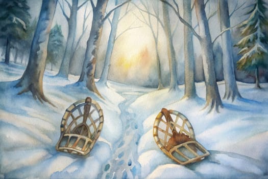 A tranquil winter morning envelops a serene forest, where the snow blankets the ground and clings to the tree branches. Two sleds rest alongside a winding path, hinting at a recent journey. Soft sunlight filters through the trees, casting a warm glow over the landscape, inviting exploration and adventure in the frosty air.