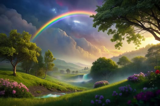 Beneath a vibrant sky filled with dramatic clouds, a stunning rainbow stretches across the landscape, illuminating the lush green valley as the sun sets. Beautiful trees line the riverbank, while flowers bloom in the foreground, creating a picturesque scene of nature's wonder.