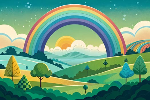 In this enchanting setting, a magnificent rainbow arcs gracefully across the sky as the sun begins to rise behind gentle hills. Lush greenery and various trees fill the landscape, creating a serene and vibrant atmosphere. Soft clouds drift lazily, blending with the warm colors of dawn, while the scene invites a sense of peace and wonder.