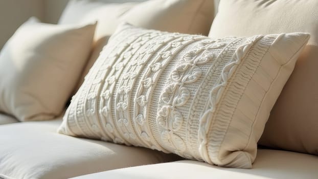 A close-up of a sofa cushion made of textured light boucle fabric, against a background of other simple light pillows. AI generated.