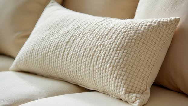 A close-up of a sofa cushion made of textured light boucle fabric, against a background of other simple light pillows. AI generated.