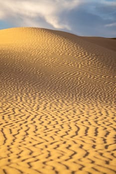 Portrait photo of sands in pattern over sand dunes, with the sun setting and casting shadows over the portrait image. Monahans sandhills, Texas