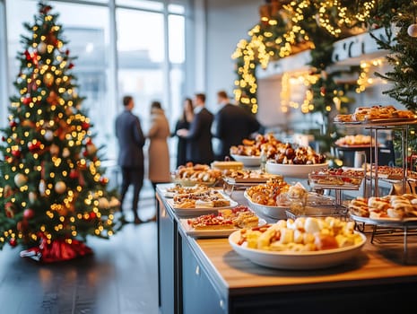 Christmas party buffet table filled with an array of appetizers, festive lights, and a decorated Christmas tree in the background. A cheerful holiday atmosphere with people mingling.