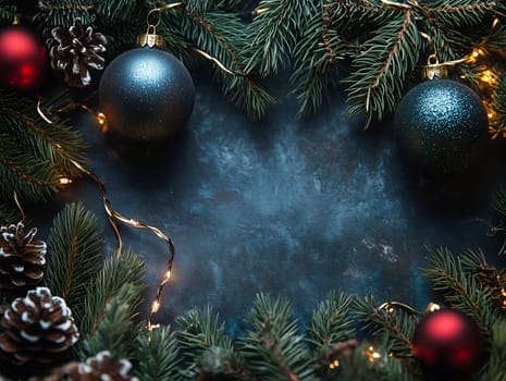 Elegant Christmas setup with green pine branches, blue and red baubles, pinecones, and glowing fairy lights on a dark textured background. Perfect for holiday designs and festive themes.