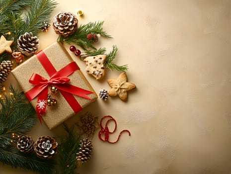 Festive Christmas composition with a golden gift box tied with a red ribbon, pinecones, gingerbread cookies, and green branches on a textured golden background. Perfect for holiday projects.
