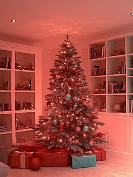 Festive Christmas tree adorned with red and turquoise ornaments and glowing lights in a cozy living room. Presents in colorful wrapping are placed below, creating a warm and cheerful holiday ambiance.Vertical