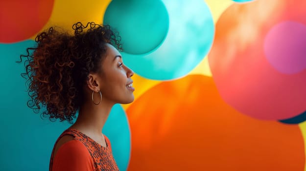 A young woman with curly hair stands in profile, gazing at colorful circular mural artwork in a contemporary gallery - Generative AI