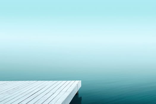 serene wooden dock extends over calm turquoise waters, creating tranquil scene.