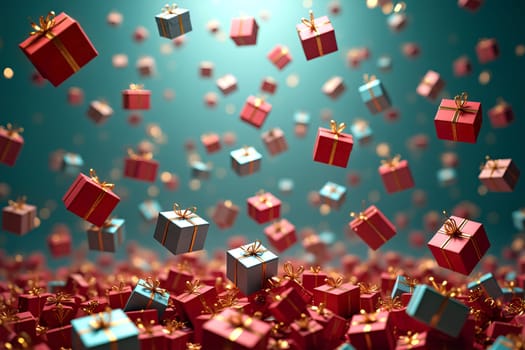 Small red and blue gift boxes with golden ribbons are falling against a soft background, creating a cheerful holiday atmosphere - Generative AI
