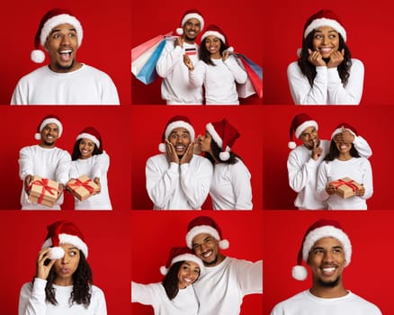 A black couple celebrates the holiday season with festive expressions, wearing Santa hats and sharing gifts. Their cheerful demeanor shines against a bright red background.