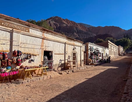 Beauties of Northern Argentina. International tourism in Purmamarca, craft markets in the streets.Tourism in the North of Argentina. Winter holidays in Argentina. Background for tourism promotions