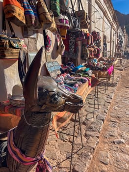 Beauties of Northern Argentina. International tourism in Purmamarca, craft markets in the streets.Handmade wool and leather handicrafts.Eco tourism concept