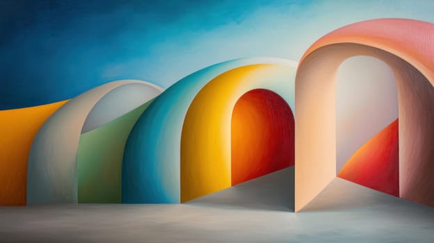 vibrant abstract landscape featuring colorful geometric arches and shapes.