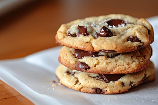 Delicious homemade chocolate chip cookies stacked on parchment paper, showcasing their gooey chocolate and golden brown edges, perfect for sweet treat.
