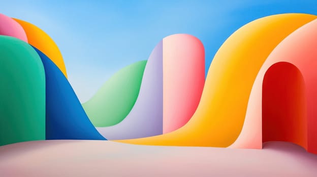 Vibrant abstract landscape with colorful geometric shapes and curves.