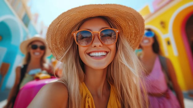 Excited travelers with luggage enjoying vibrant destination, smiling and capturing memories in colorful surroundings. Their joyful expressions reflect thrill of adventure.