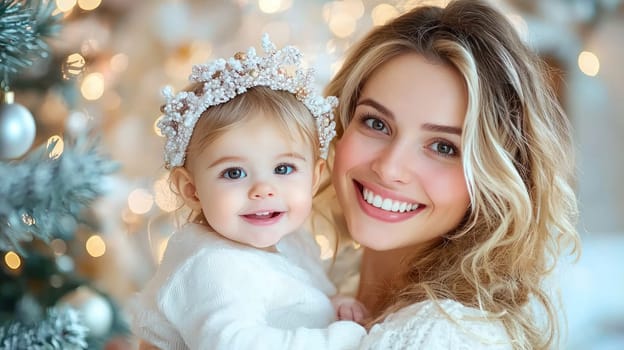 Mother and child smiling together, celebrating joy of Christmas.