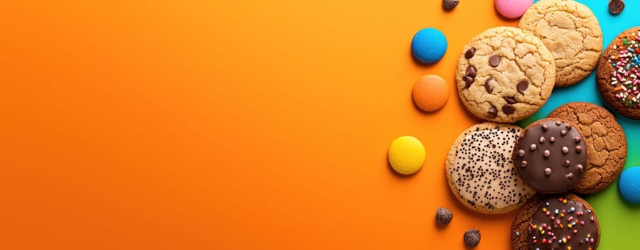 Delightful assortment of cookies and colorful candies on vibrant orange background, perfect for any sweet occasion.