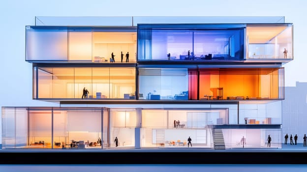 Modern architectural design featuring colorful glass layers and office spaces.