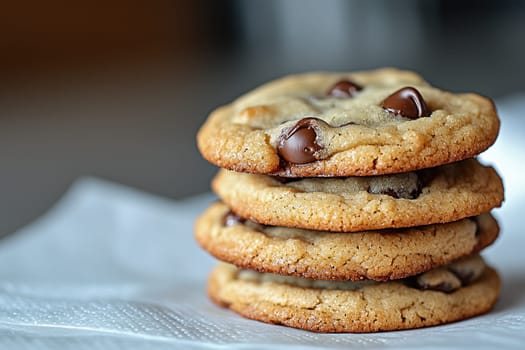 Delicious homemade chocolate chip cookies stacked on napkin, showcasing their golden brown edges and gooey chocolate chips. Perfect for sweet treat.