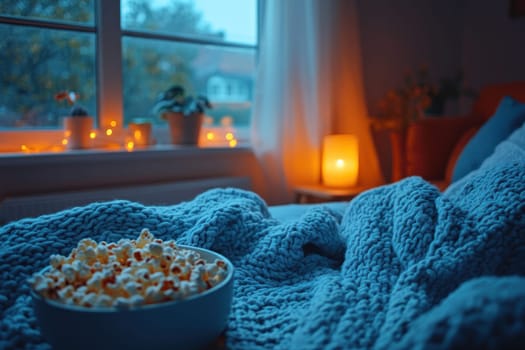 Cozy living room setup with blue blanket, popcorn, and warm lighting. Perfect for relaxing movie night.