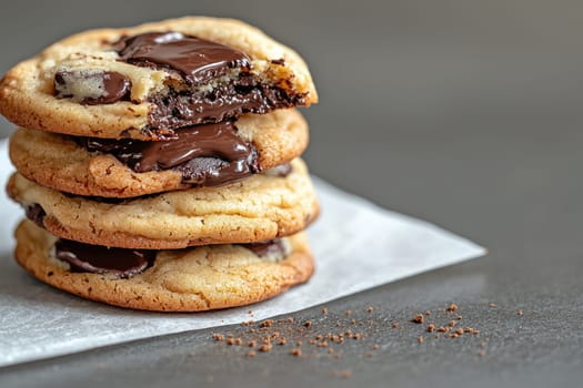 Delicious homemade chocolate chip cookies stacked high, showcasing gooey melted chocolate in center. Perfect for dessert lovers.