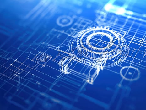 Blueprint design featuring intricate symbols and icons, showcasing technical details.