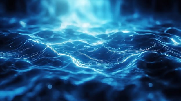 Luminous blue waves gently ripple across surface, creating serene atmosphere.