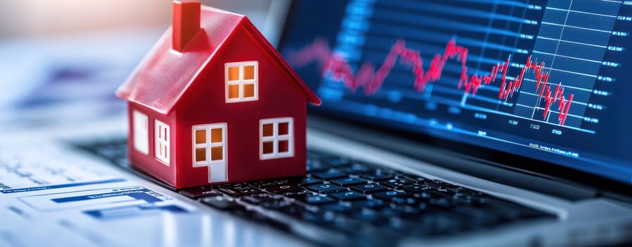 model house on laptop symbolizes mortgage risk assessment and finance.
