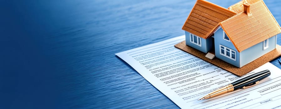 mortgage contract with model house and pen symbolizes home ownership.