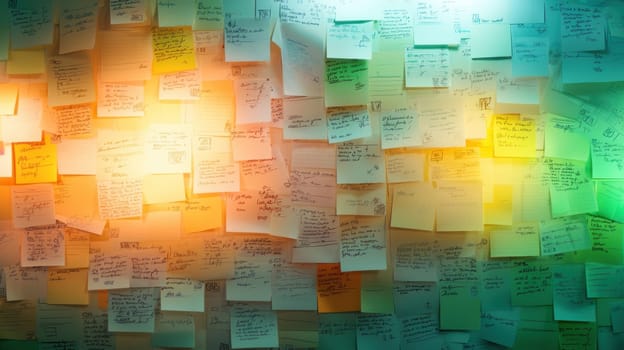 Organized collection of colorful sticky notes with handwritten notes.
