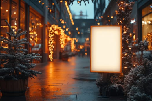 serene winter evening scene featuring blank menu board surrounded by festive lights and decorations. atmosphere is warm and inviting, perfect for holiday gatherings.