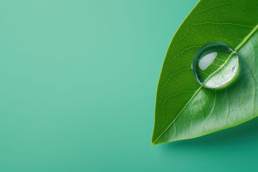 water droplet rests on vibrant green leaf, showcasing nature beauty and simplicity. contrasting colors create serene and refreshing atmosphere.
