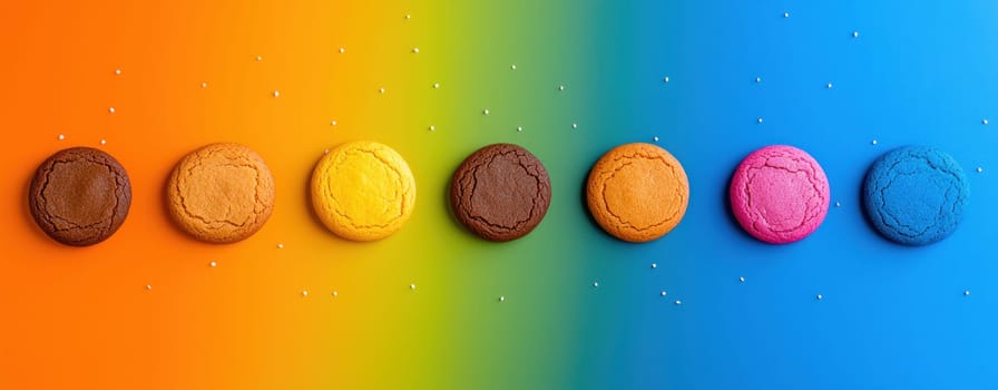 Colorful cookies arranged in vibrant gradient, showcasing various flavors and textures. bright hues create cheerful and inviting atmosphere, perfect for dessert lovers.