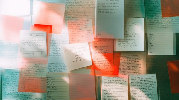 vibrant collection of handwritten notes and journals on surface.