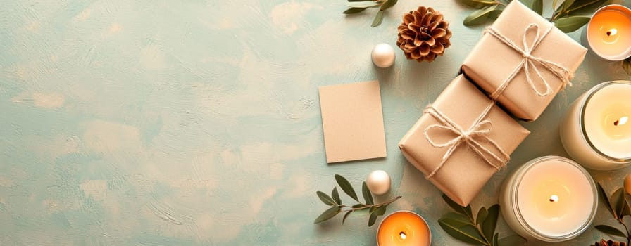 Wrapped gifts, candles, and decorative elements create cozy atmosphere perfect for celebrations. soft colors and textures enhance festive mood.