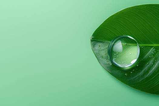 water droplet rests on vibrant green leaf, showcasing nature beauty and tranquility. fresh, clean look evokes sense of calm and connection to environment.