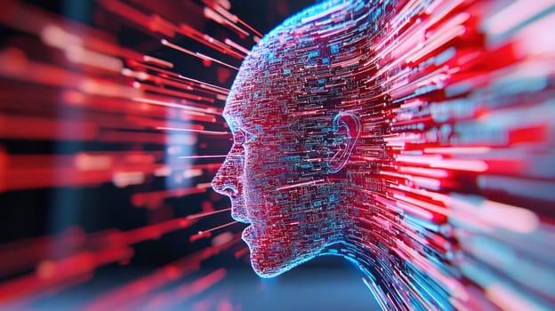 Digital representation of human head with glowing data streams.