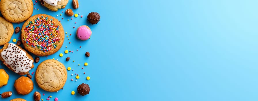 Delightful assortment of cookies with vibrant toppings on blue background, perfect for dessert lovers. Enjoy colorful treats and sweet flavors.